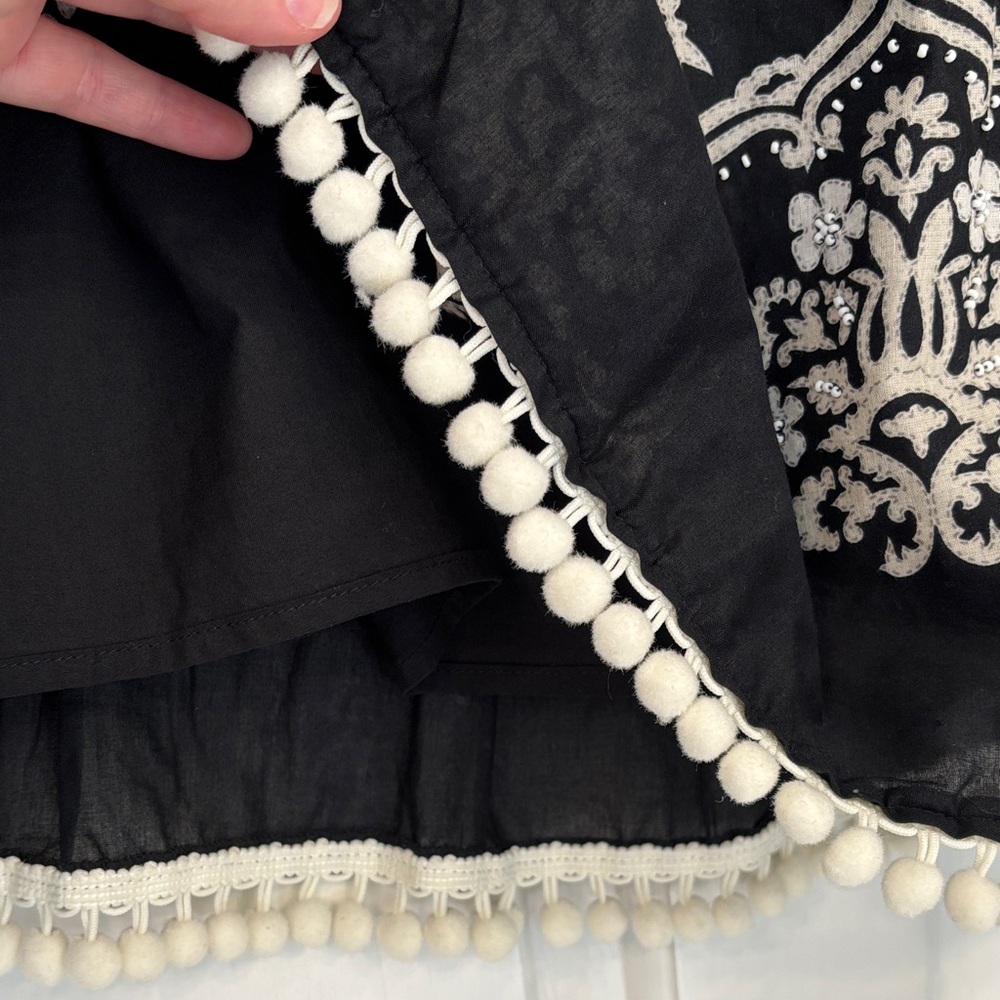 LOFT Black A-line Cotton Pleated Midi Skirt Beaded and PomPom Trim - Picture 7 of 11